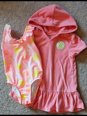 The Children's Place Pink Floral One-Piece Swimsuit with Pink Hooded Cover-Up